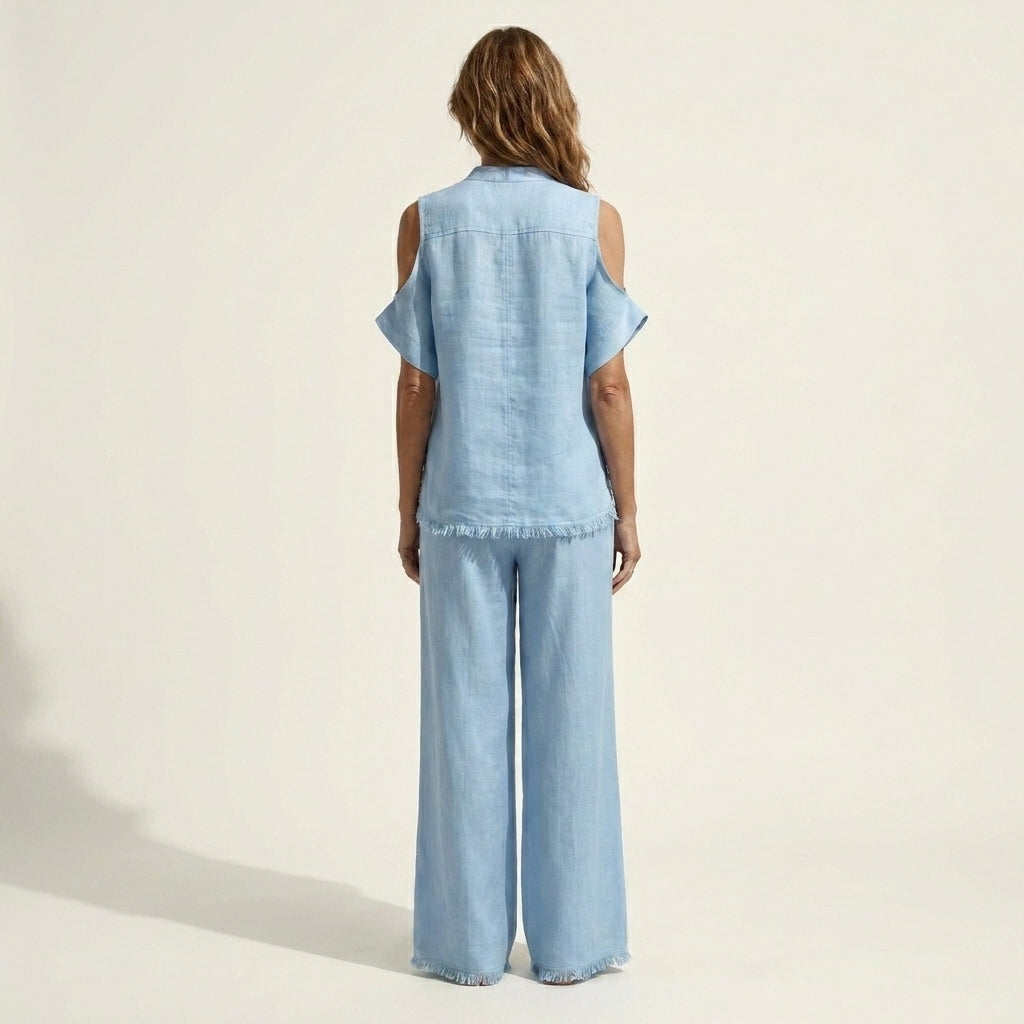 Amari | Cold-Shoulder Fringe-Hem Linen Top & Wide-Leg Pants Two-Piece Set