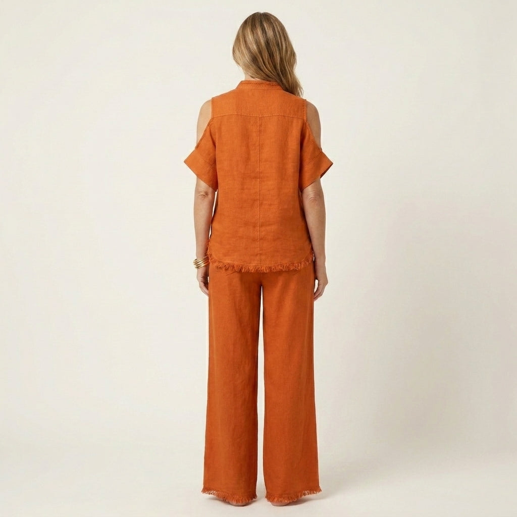Amari | Cold-Shoulder Fringe-Hem Linen Top & Wide-Leg Pants Two-Piece Set