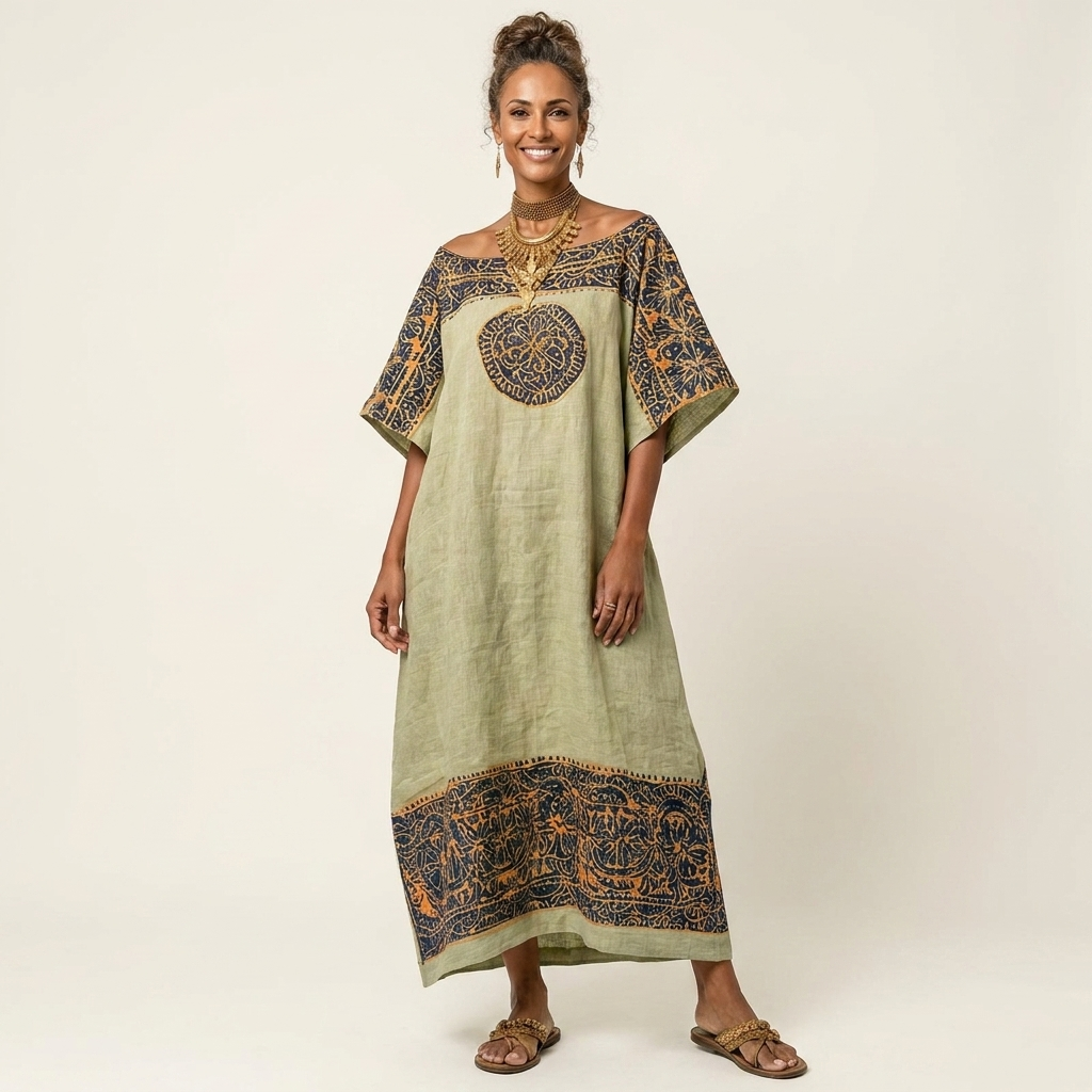 Saraya | Tribal Print Off-Shoulder Kaftan Maxi Dress