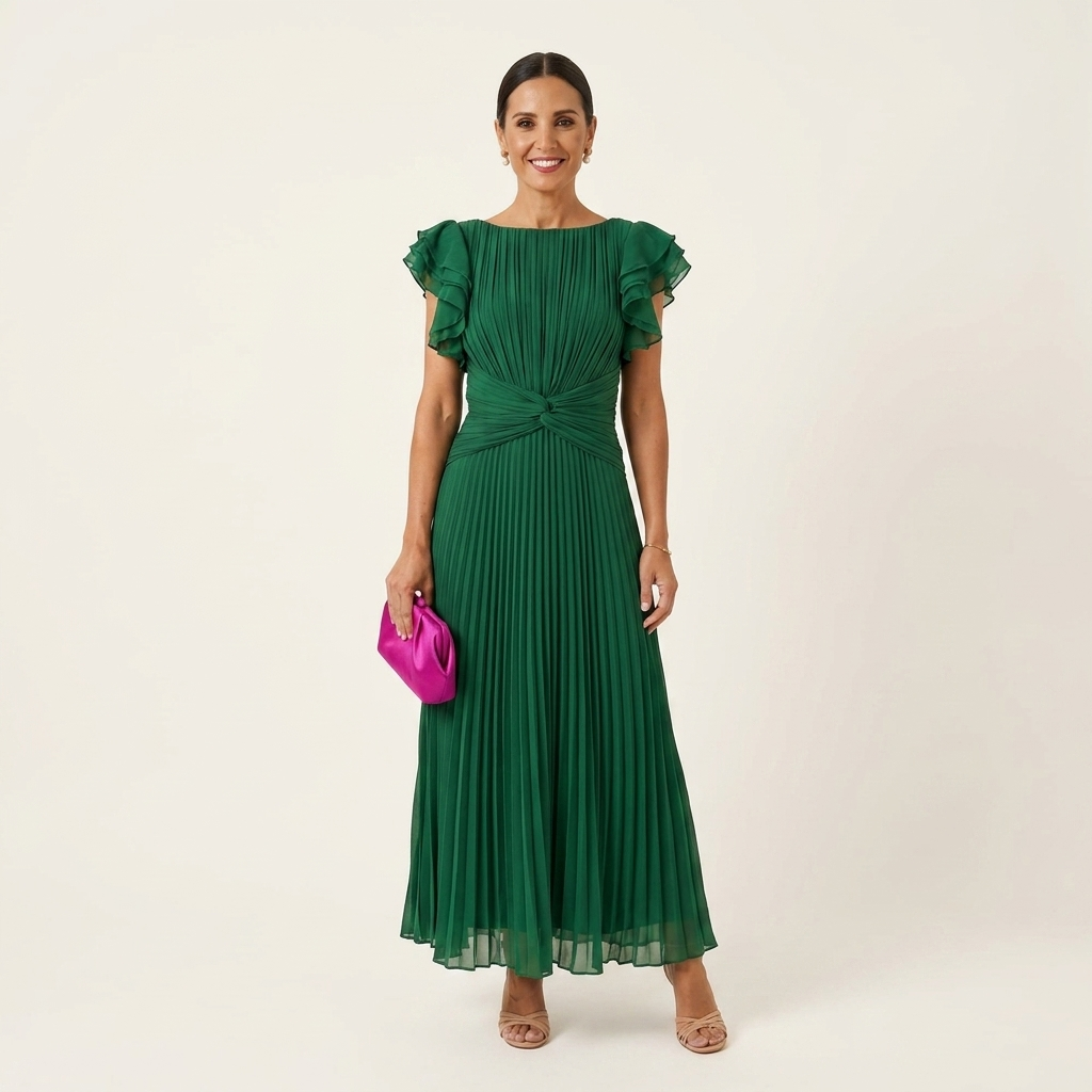 Seraphina | Ruffle-Sleeve Twist-Waist Pleated Chiffon Maxi Dress