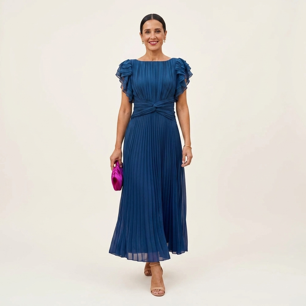 Seraphina | Ruffle-Sleeve Twist-Waist Pleated Chiffon Maxi Dress
