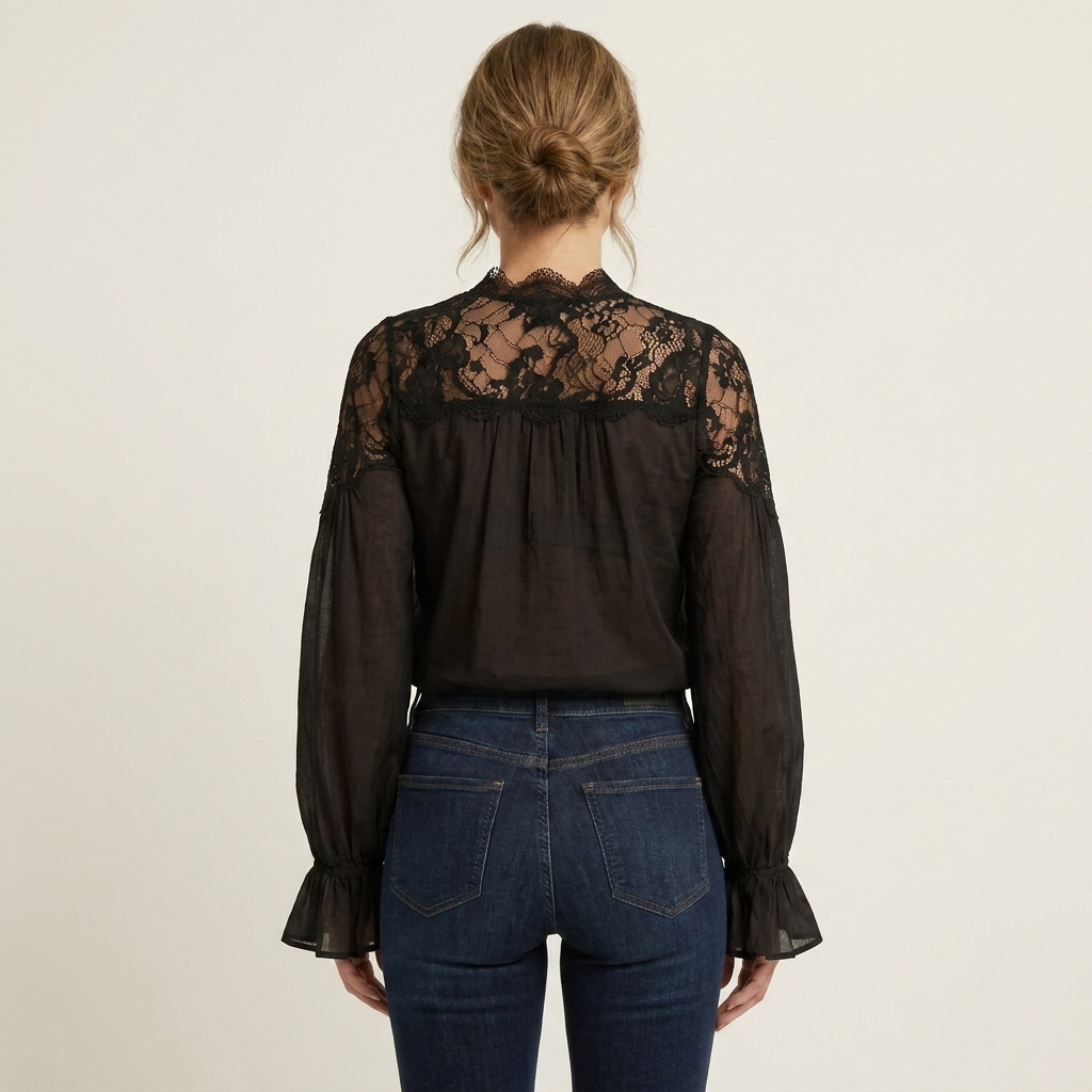 Jannet | Lace-Yoke V-Neck Balloon-Sleeve Chiffon Blouse With Ruffle Cuffs