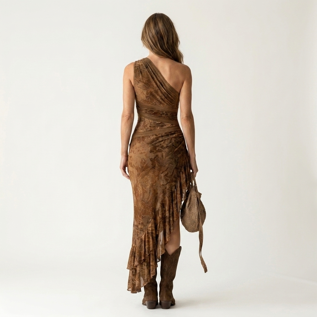 Elly | Baroque Print One-Shoulder Ruffle-Slit Maxi Dress