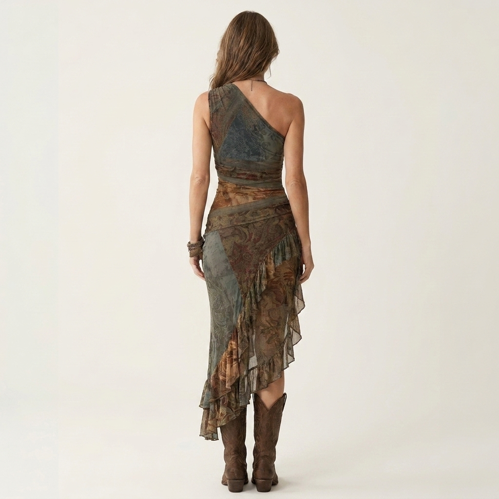 Elly | Baroque Print One-Shoulder Ruffle-Slit Maxi Dress