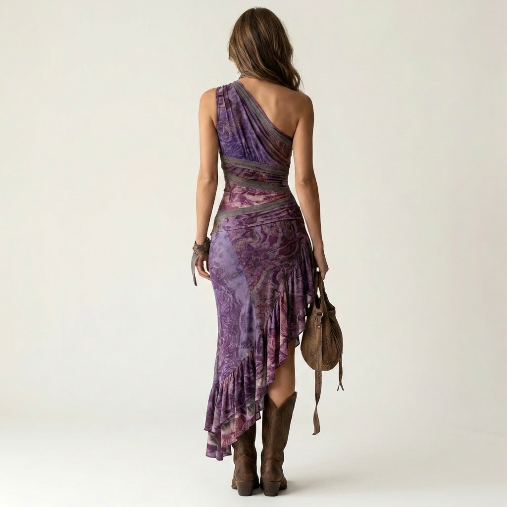 Elly | Baroque Print One-Shoulder Ruffle-Slit Maxi Dress
