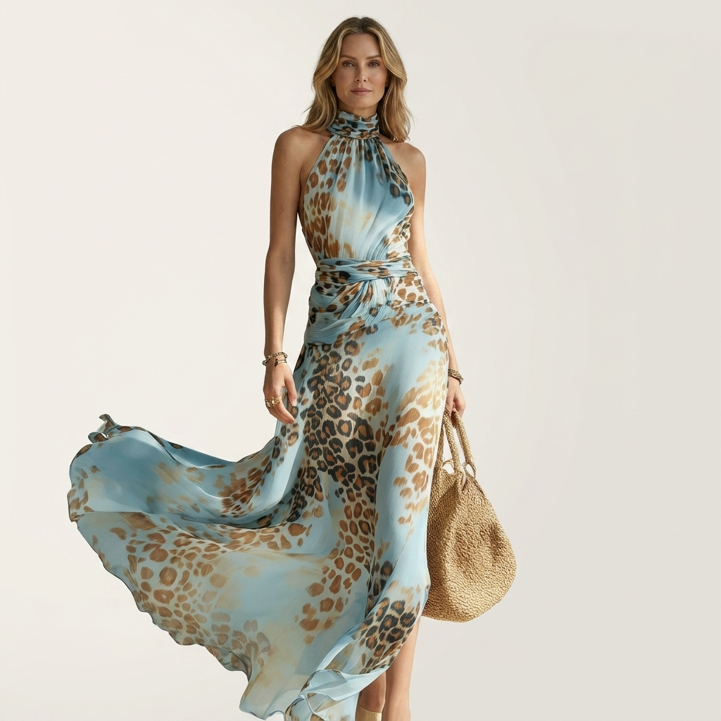 Nayla | Blue Leopard Print Halter-Neck Maxi Dress