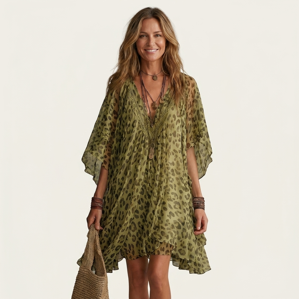 Johanna | Leopard Print V-Neck Kaftan Chiffon Mini Dress