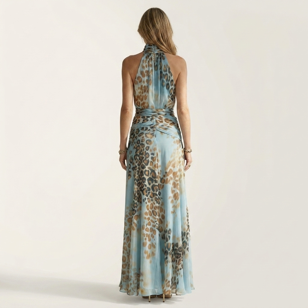 Nayla | Blue Leopard Print Halter-Neck Maxi Dress