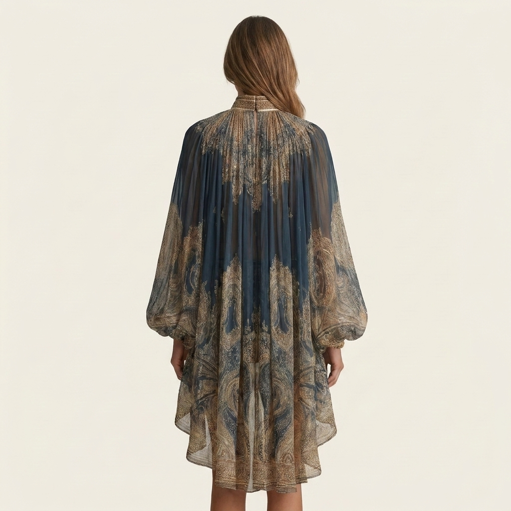 Aitana | Baroque Gold Print High-Neck Balloon-Sleeve Chiffon Mini Dress