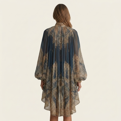 Aitana | Baroque Gold Print High-Neck Balloon-Sleeve Chiffon Mini Dress