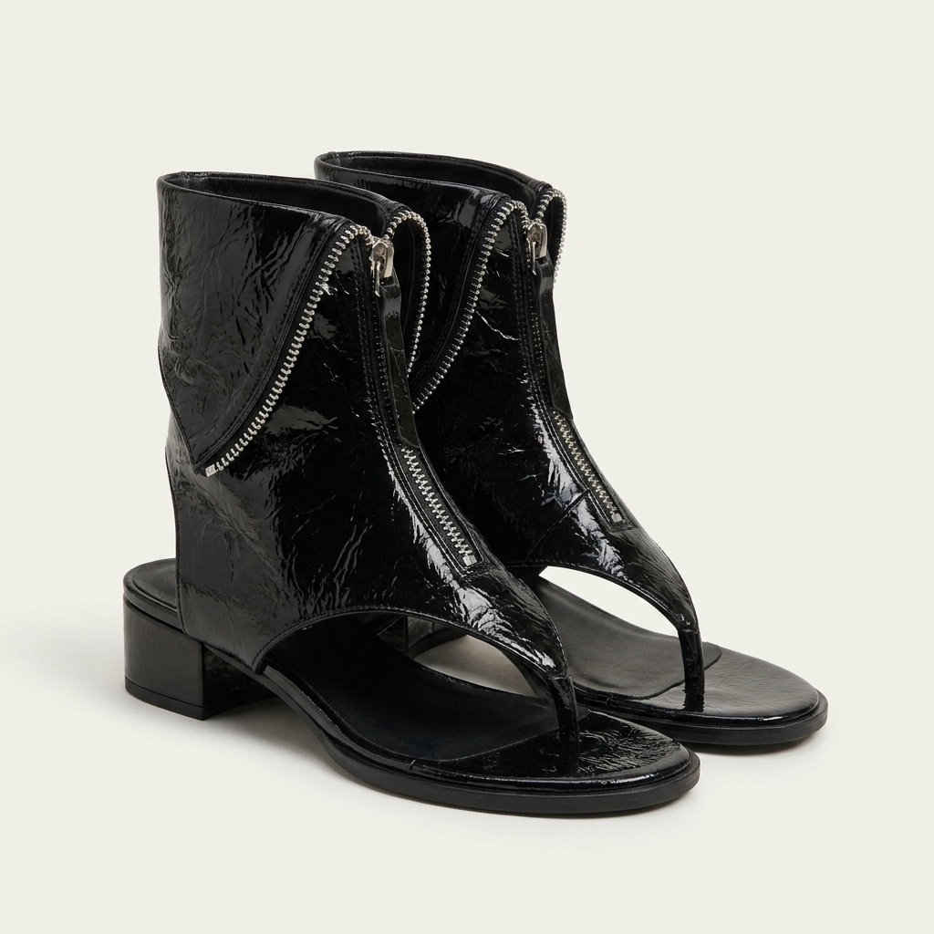 Aliara | Metallic Zip-Front Toe-Ring Block Heel Sandal Boot