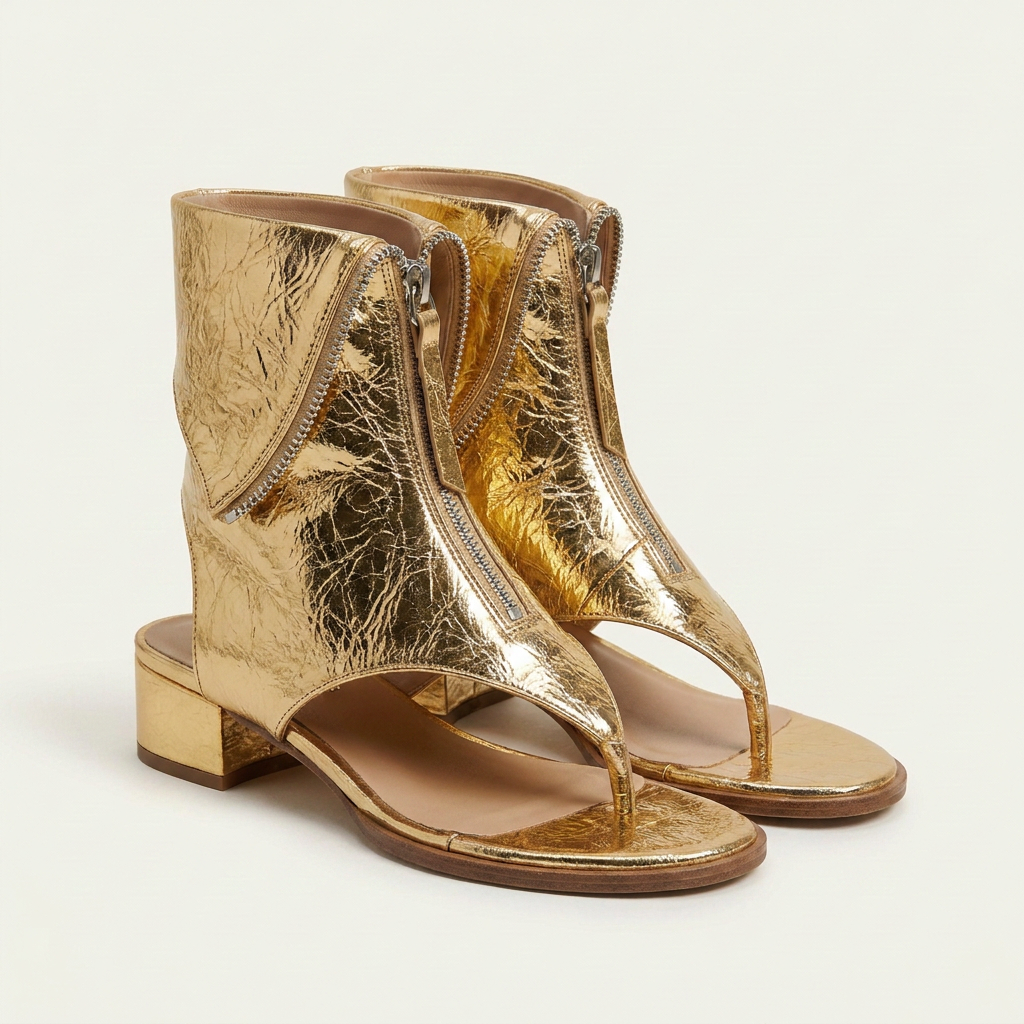 Aliara | Metallic Zip-Front Toe-Ring Block Heel Sandal Boot