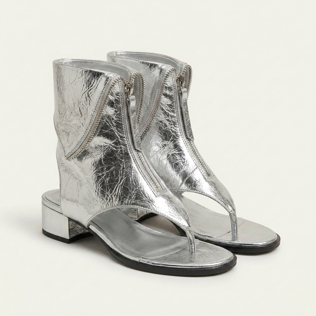 Aliara | Metallic Zip-Front Toe-Ring Block Heel Sandal Boot