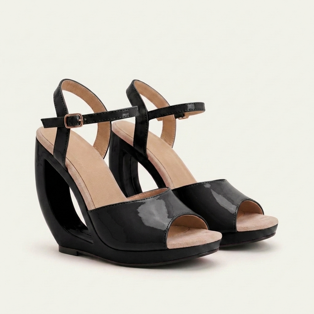 Elenora | Patent Sculpted Cut-Out Wedge Sandal With Ankle Strap