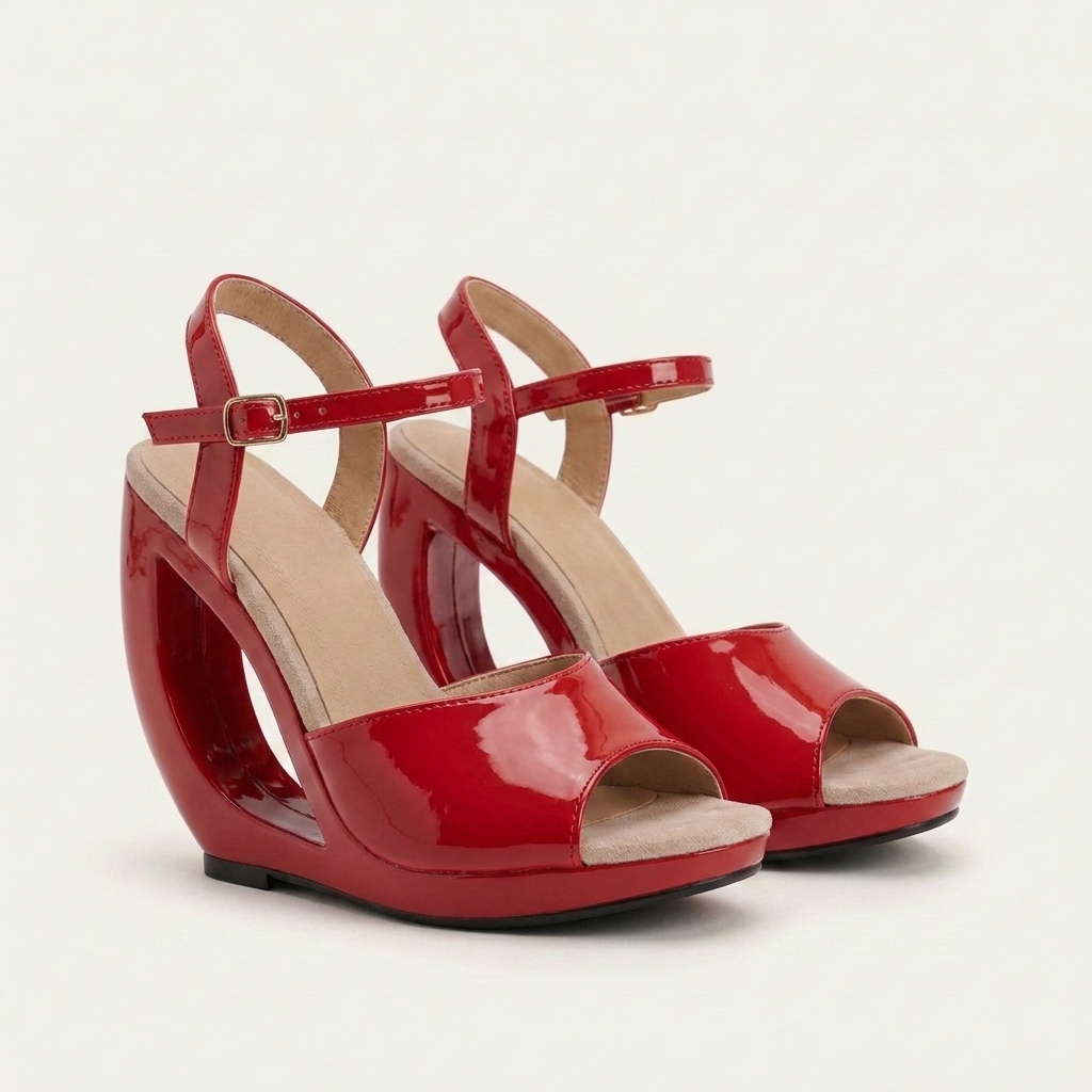 Elenora | Patent Sculpted Cut-Out Wedge Sandal With Ankle Strap