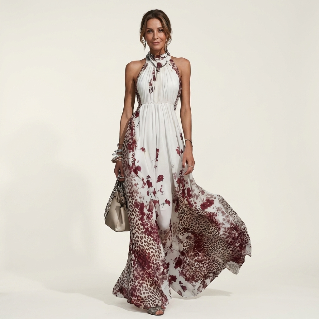 Anella | Floral & Leopard Print Halter-Neck Maxi Dress