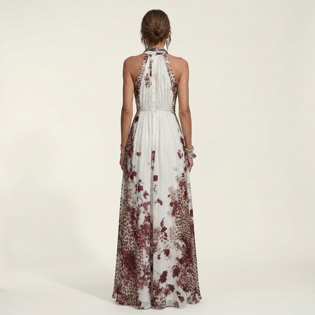 Anella | Floral & Leopard Print Halter-Neck Maxi Dress