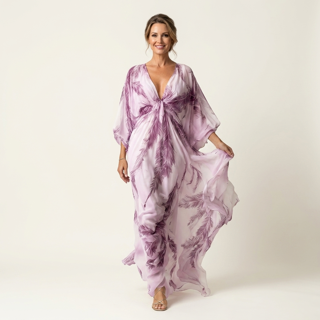 Gemma | Feather Print Deep V-Neck Batwing-Sleeve Maxi Dress