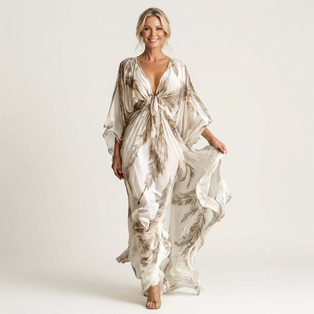 Gemma | Feather Print Deep V-Neck Batwing-Sleeve Maxi Dress