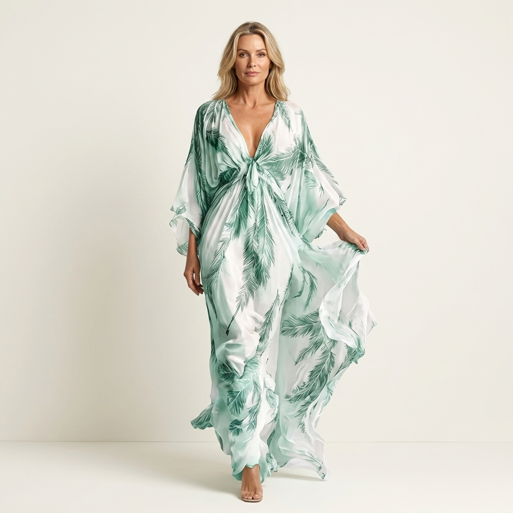 Gemma | Feather Print Deep V-Neck Batwing-Sleeve Maxi Dress