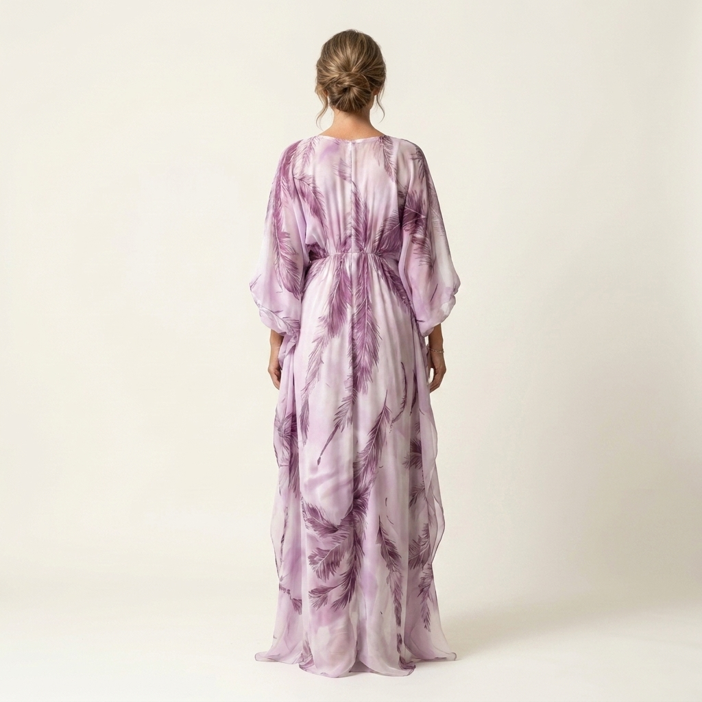 Gemma | Feather Print Deep V-Neck Batwing-Sleeve Maxi Dress