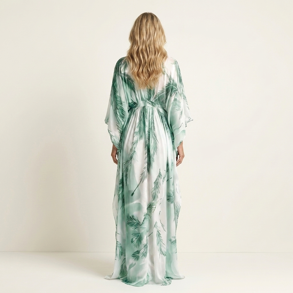 Gemma | Feather Print Deep V-Neck Batwing-Sleeve Maxi Dress