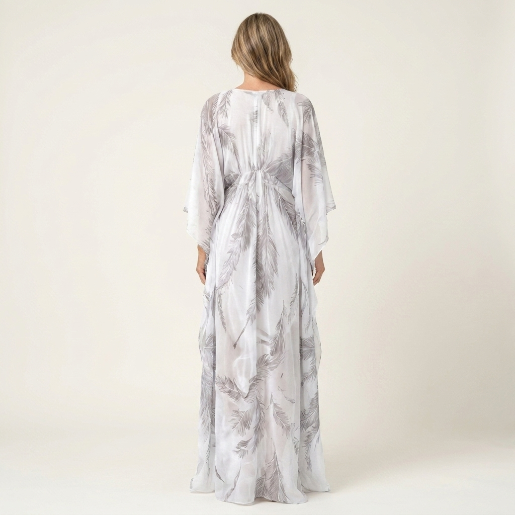 Gemma | Feather Print Deep V-Neck Batwing-Sleeve Maxi Dress