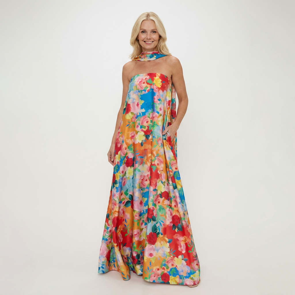 Rachel | Floral Print High-Neck Cutout Maxi Dress