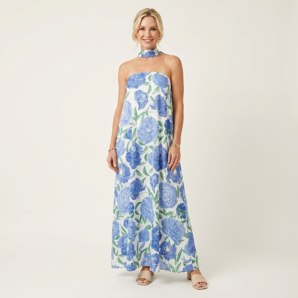 Rachel | Floral Print High-Neck Cutout Maxi Dress