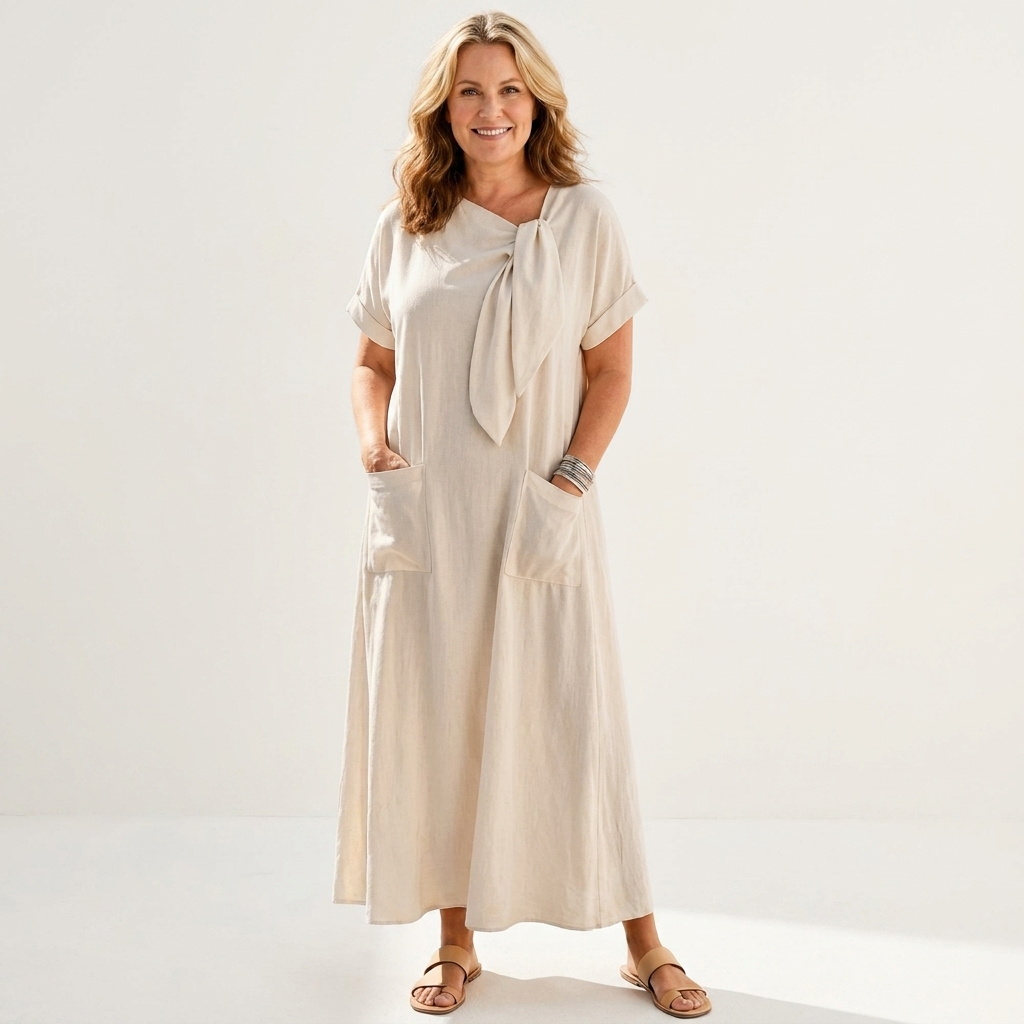 Jorja | Tie-Neck Short-Sleeve Linen Maxi Dress With Pockets