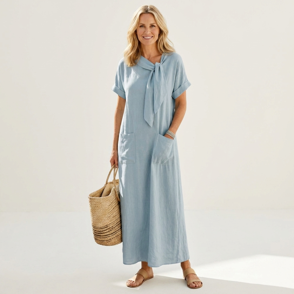 Jorja | Tie-Neck Short-Sleeve Linen Maxi Dress With Pockets
