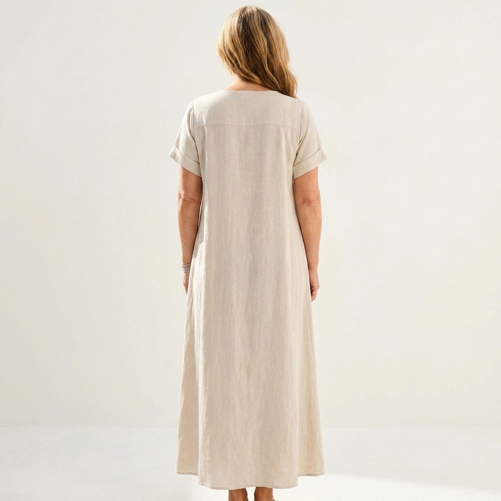 Jorja | Tie-Neck Short-Sleeve Linen Maxi Dress With Pockets