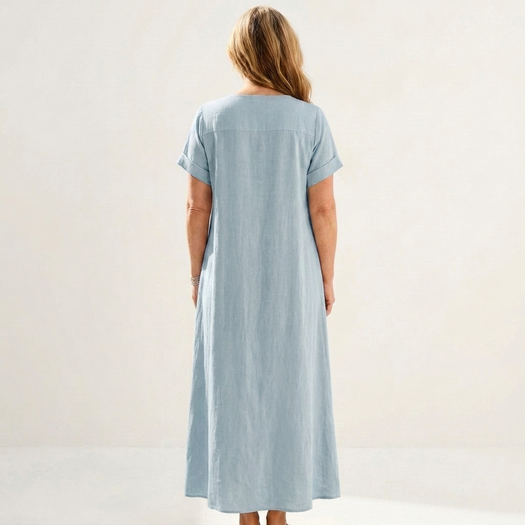 Jorja | Tie-Neck Short-Sleeve Linen Maxi Dress With Pockets
