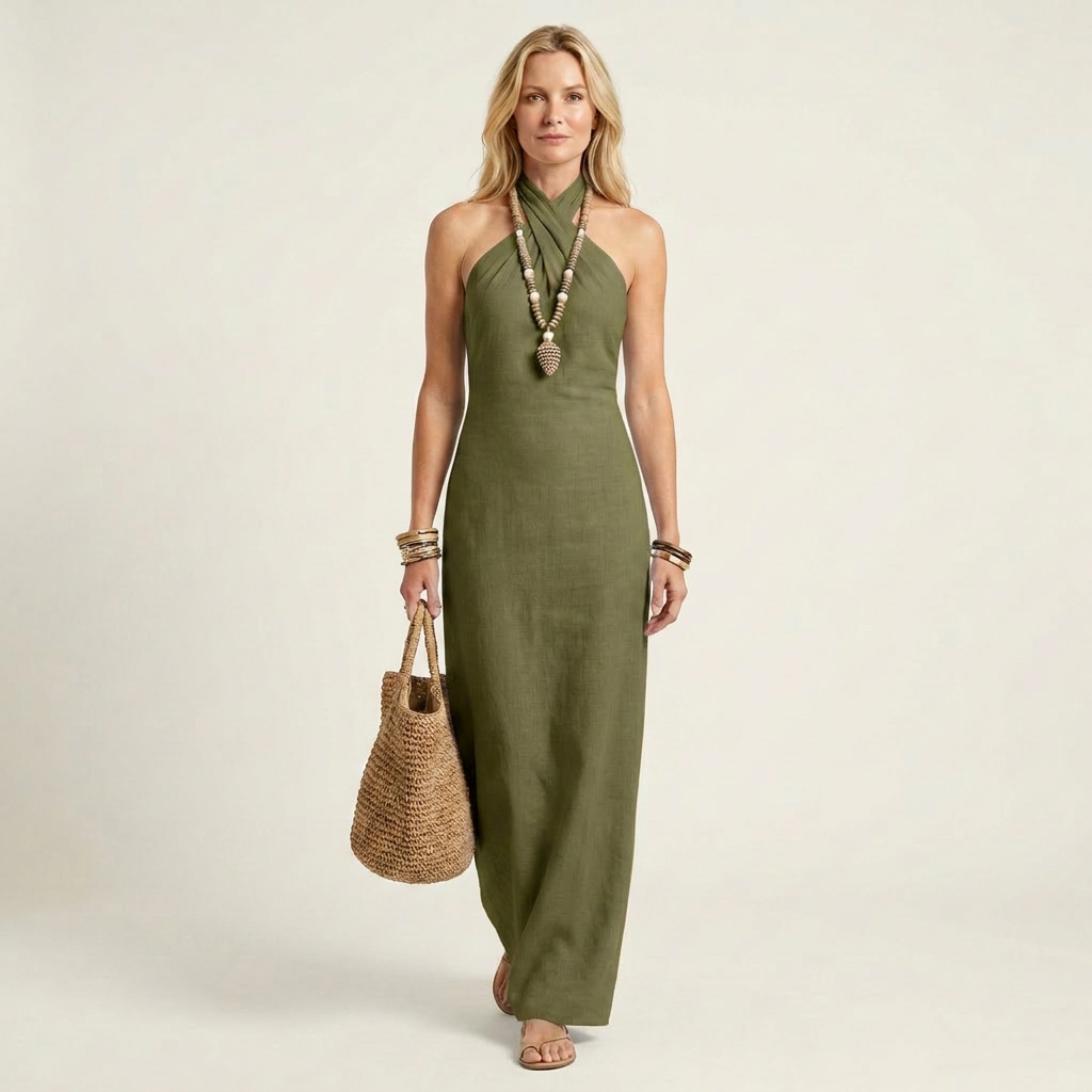 Jenna | Halter-Neck Open-Back Linen Maxi Dress