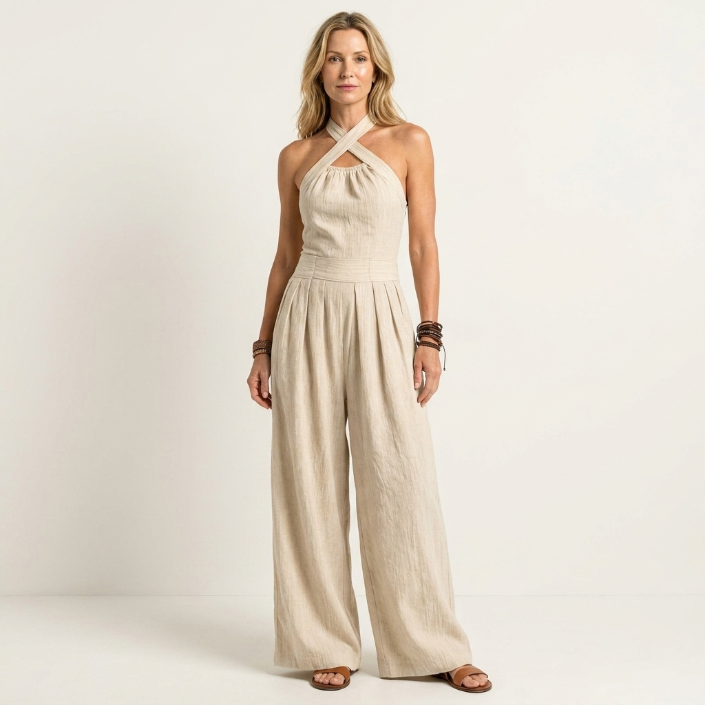Laetitia | Cross Halter-Neck Wide-Leg Cotton-Linen Jumpsuit