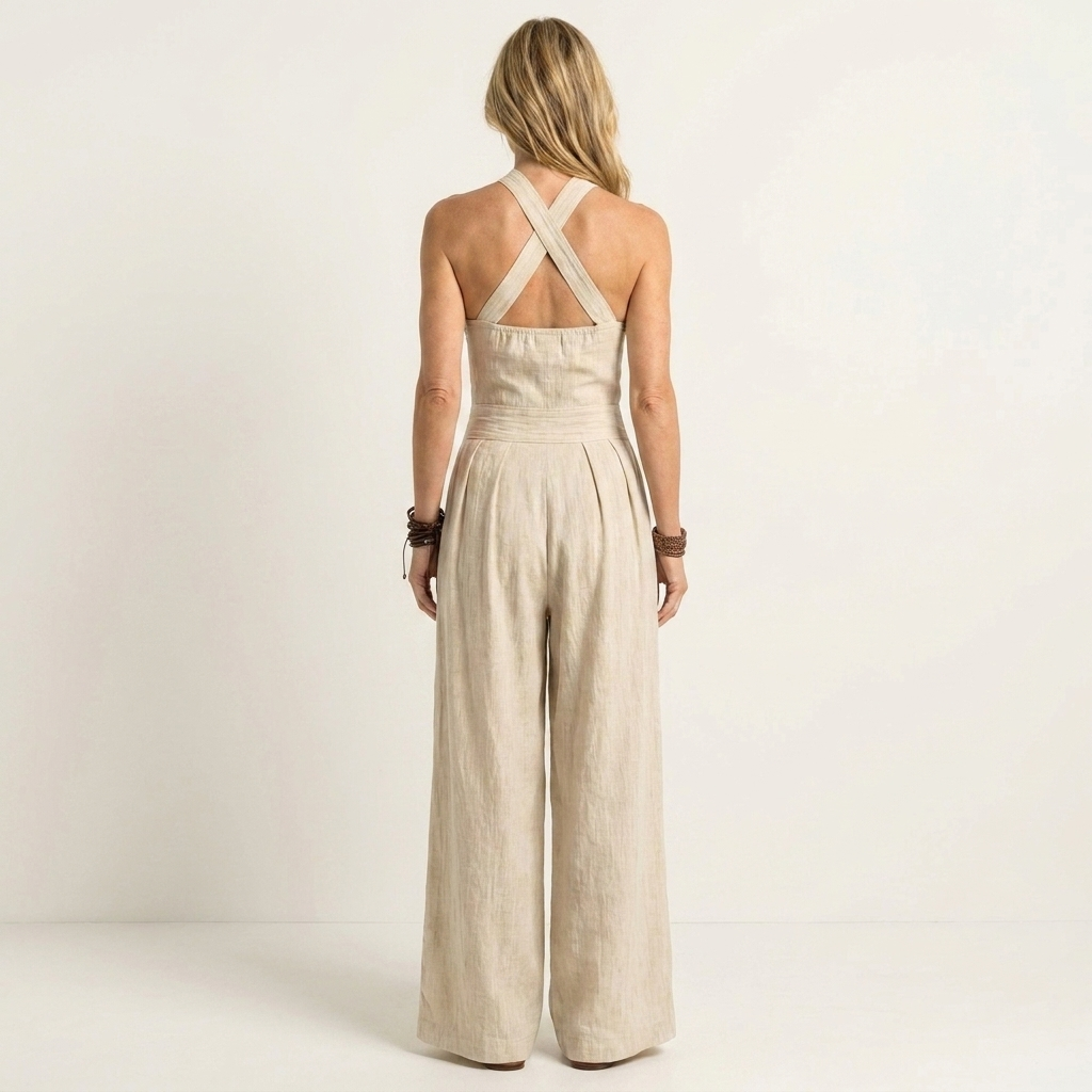 Laetitia | Cross Halter-Neck Wide-Leg Cotton-Linen Jumpsuit