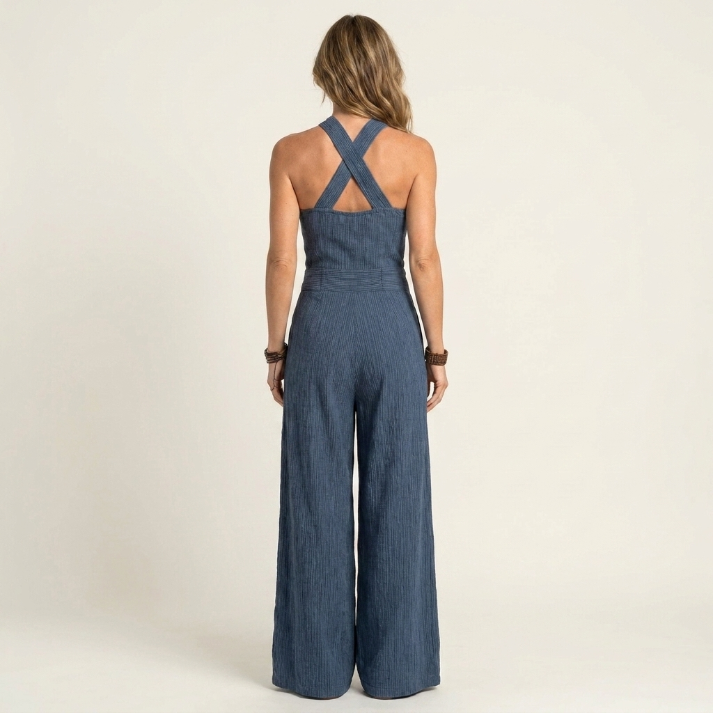 Laetitia | Cross Halter-Neck Wide-Leg Cotton-Linen Jumpsuit