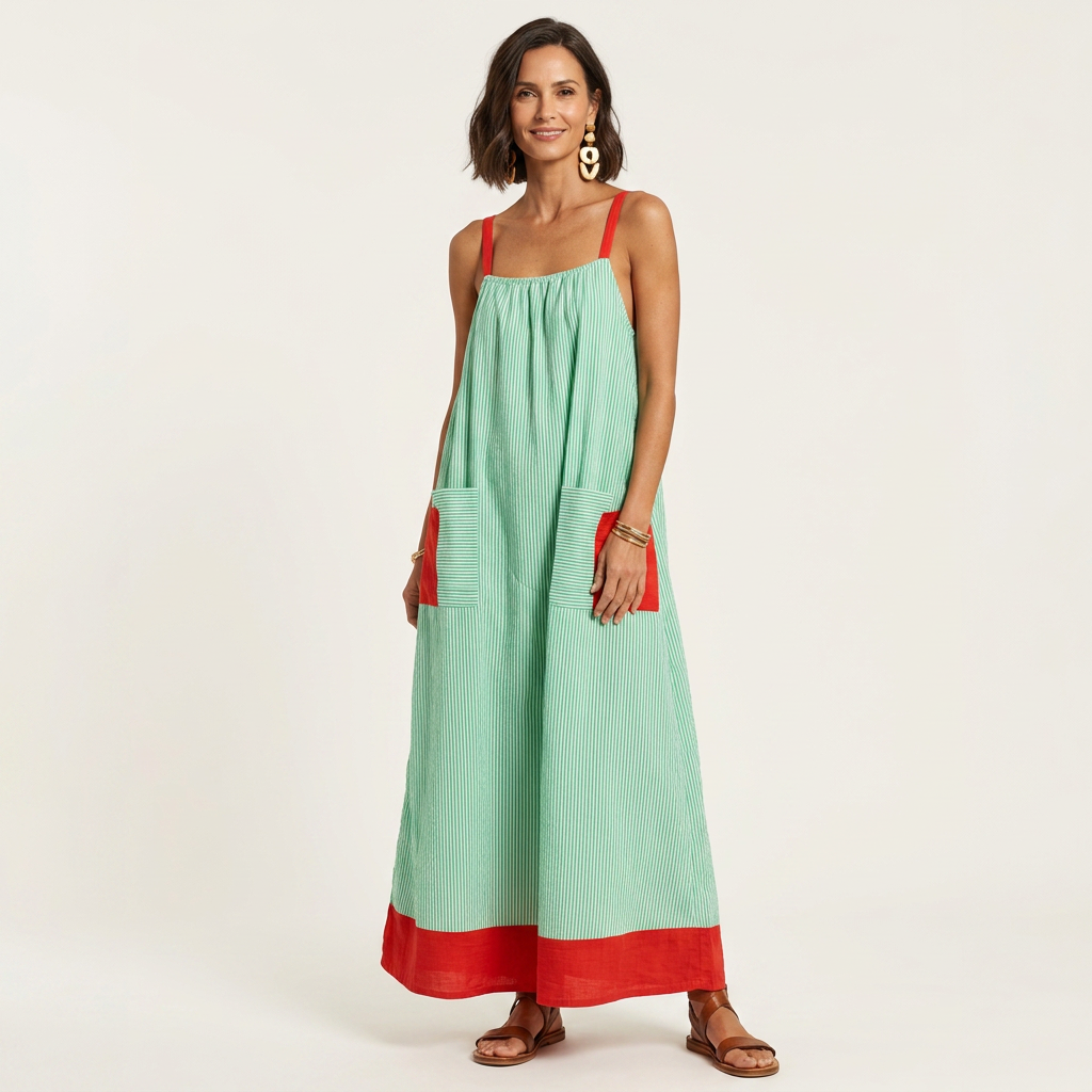 Bonita | Striped Color-Block Spaghetti-Strap Linen-Cotton Maxi Dress