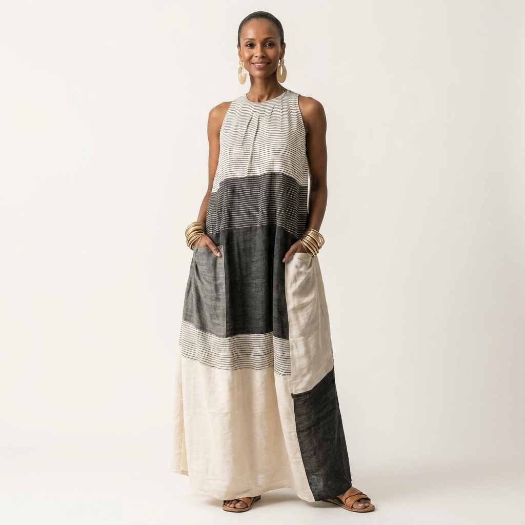 Nadia | Color-Block Striped Sleeveless Linen Maxi Dress