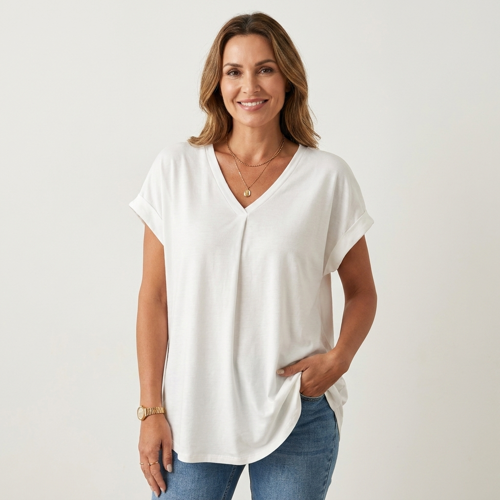Anellie | Pleated-Back V-Neck Short-Sleeve Top