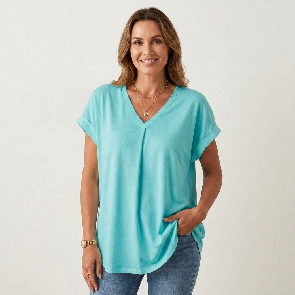 Anellie | Pleated-Back V-Neck Short-Sleeve Top
