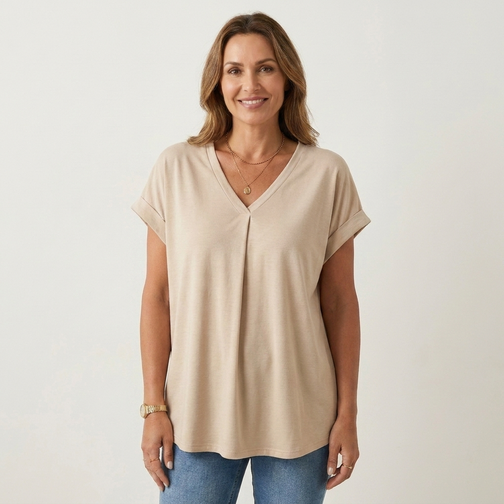 Anellie | Pleated-Back V-Neck Short-Sleeve Top