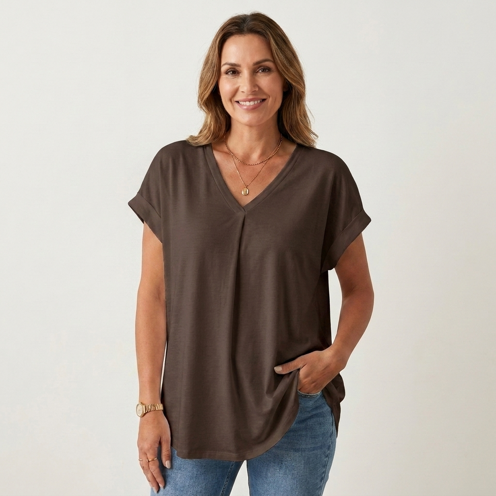 Anellie | Pleated-Back V-Neck Short-Sleeve Top