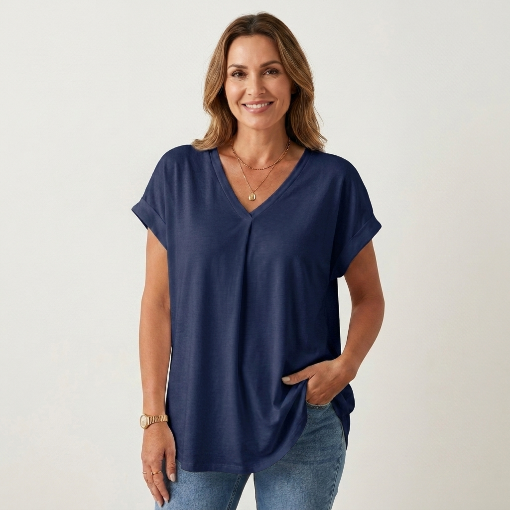 Anellie | Pleated-Back V-Neck Short-Sleeve Top