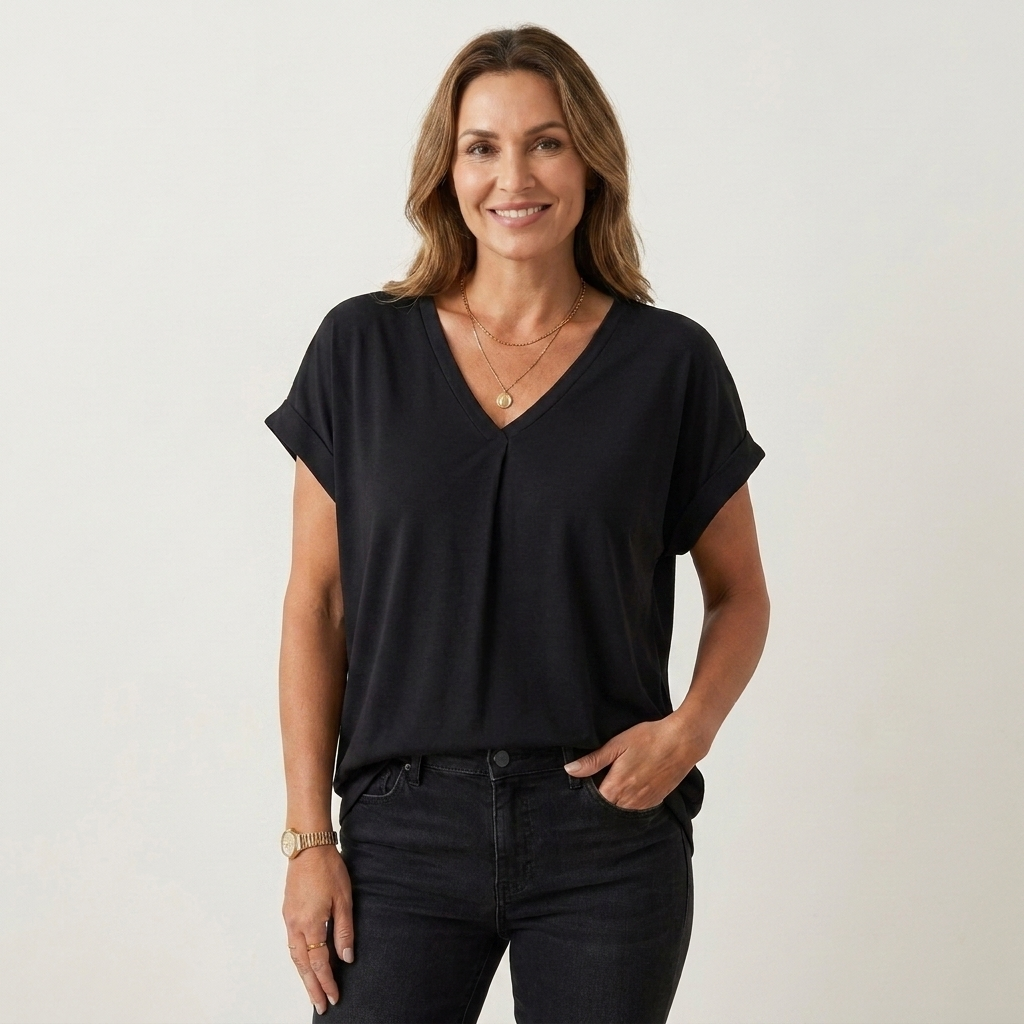 Anellie | Pleated-Back V-Neck Short-Sleeve Top