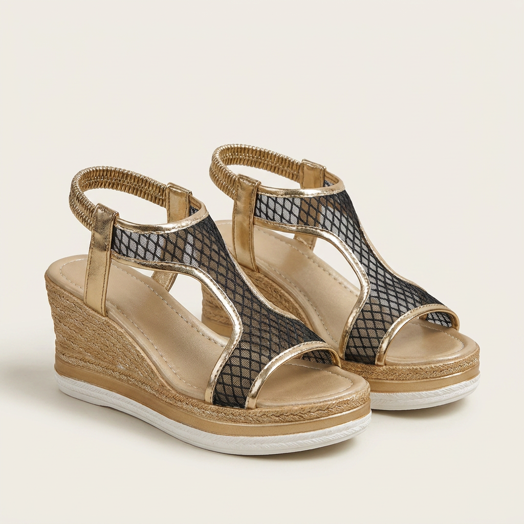 Iryna | Mesh & Gold Ankle-Strap Wedge Sandal