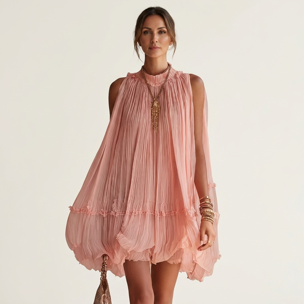 Ariana | Pleated Mock-Neck Ruffle-Hem Mini Dress