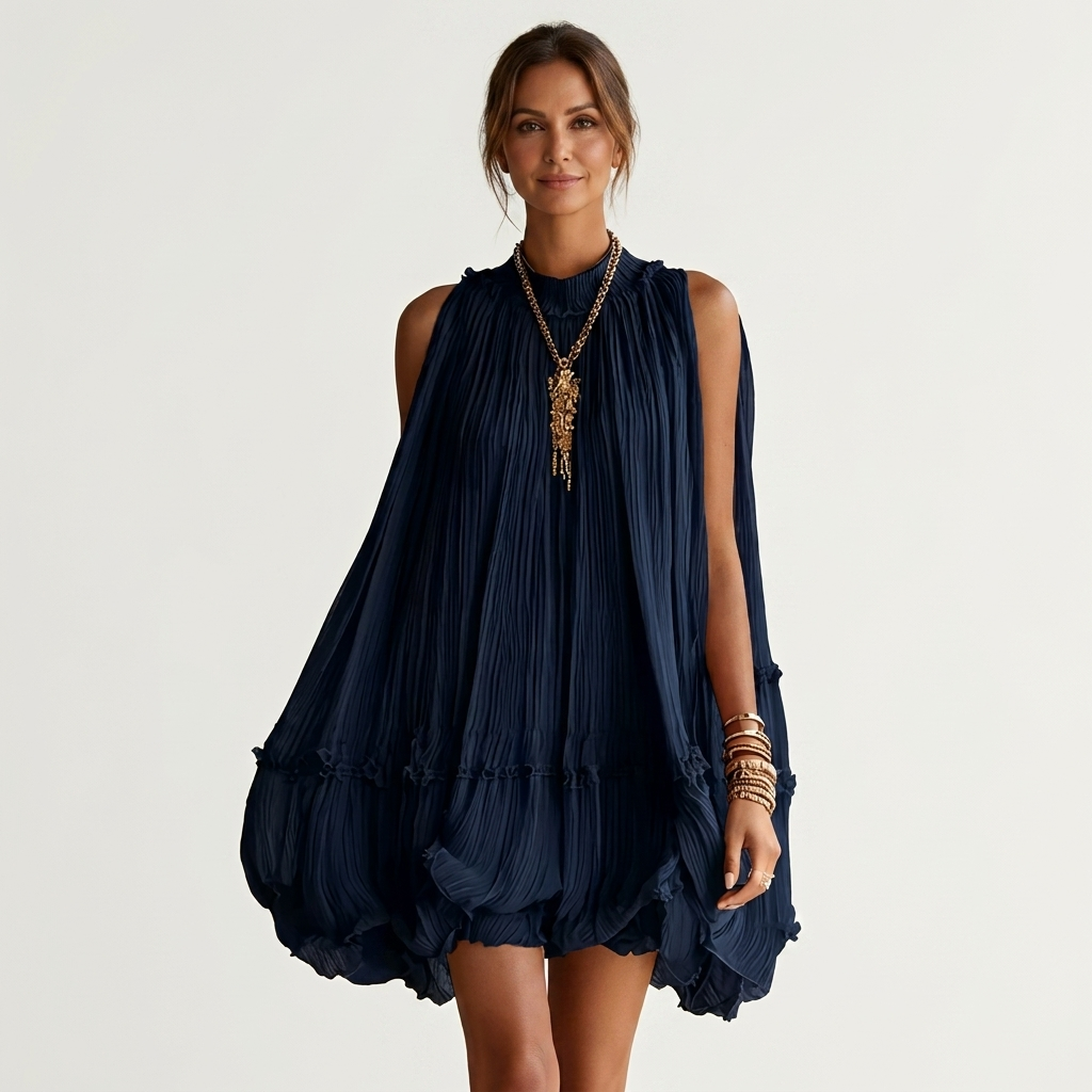 Ariana | Pleated Mock-Neck Ruffle-Hem Mini Dress