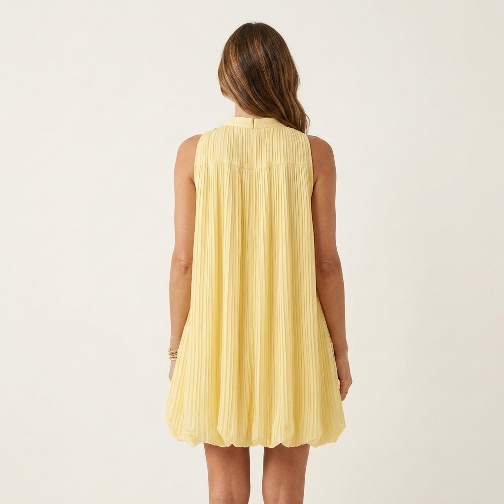 Ariana | Pleated Mock-Neck Ruffle-Hem Mini Dress