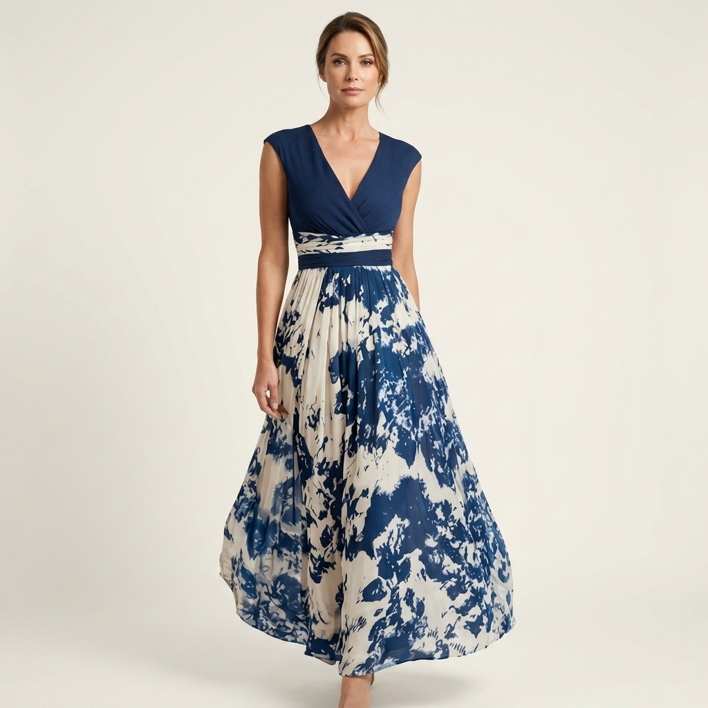Nia | Tie-Dye Print Deep V-Neck Pleated Maxi Dress